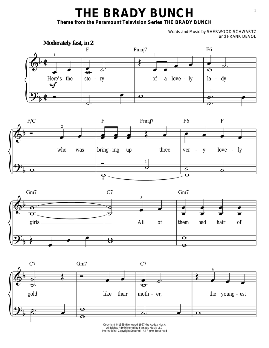 The Brady Bunch Easy Piano scores gallery preview page 1