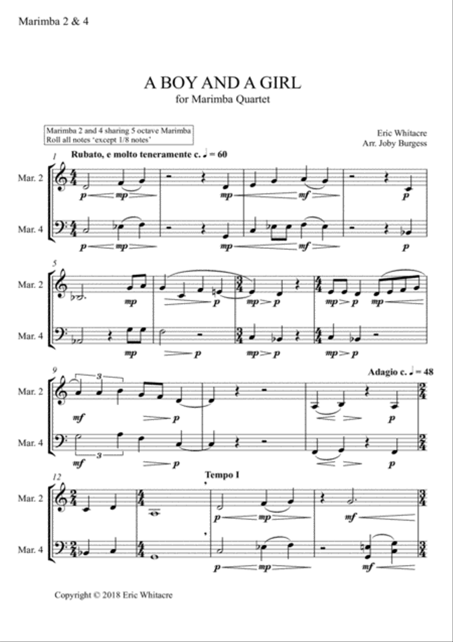 A Boy And A Girl for Marimba Quartet (arr. Joby Burgess) - MARIMBA 2 & 4 Percussion Ensemble scores gallery preview page 1