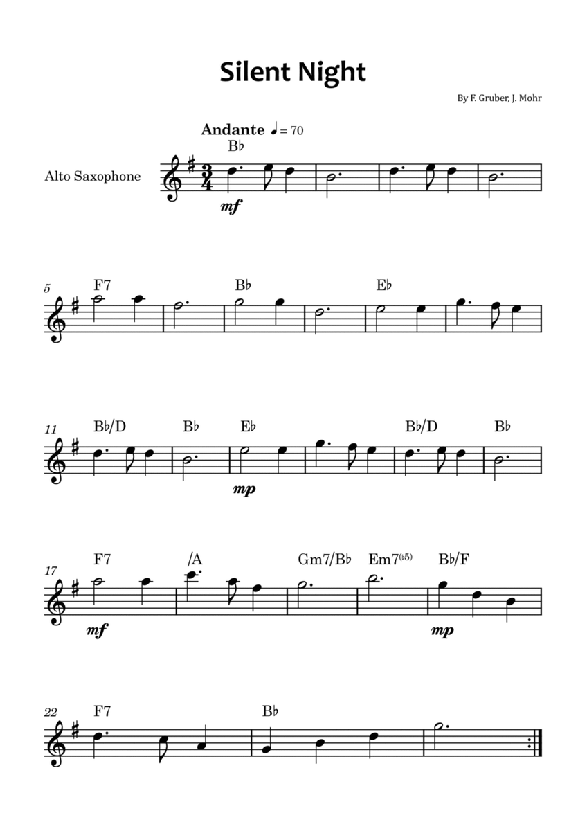 Silent Night - Alto saxophone solo with chord symbols image number null