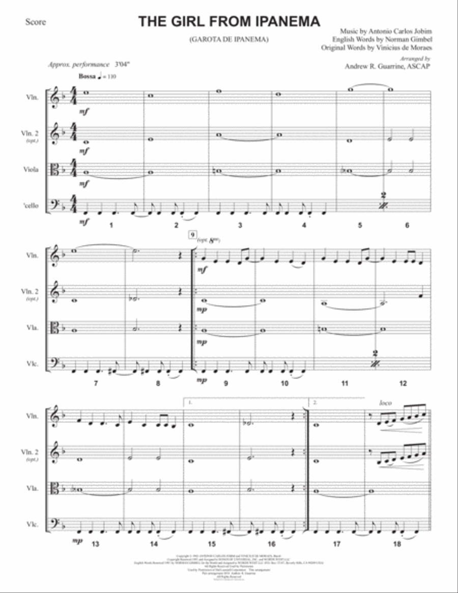 The Girl From Ipanema (Garota De Ipanema) String Quartet scores gallery preview page 1
