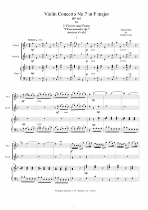 Book cover for Vivaldi - Violin Concerto No.7 in F major RV 567 Op.3 for Two Violins and Piano