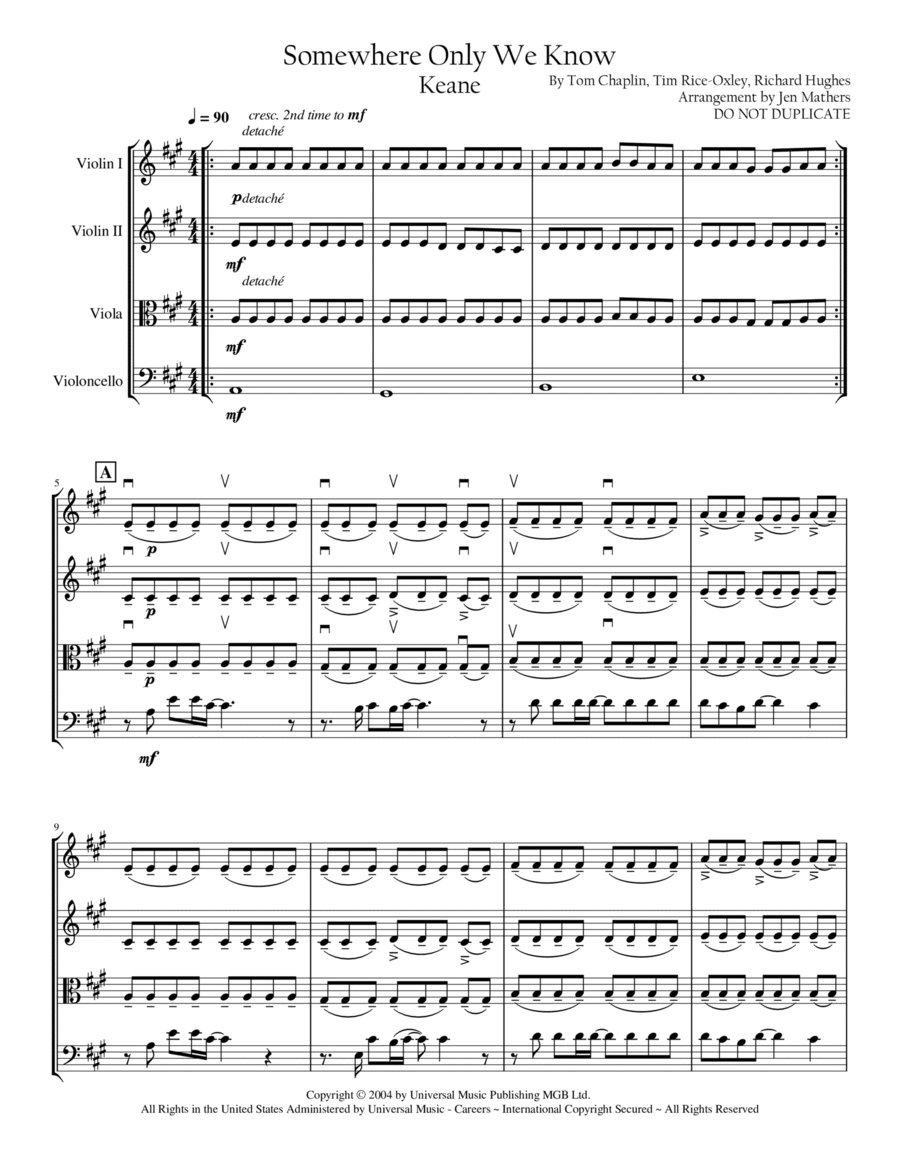 Somewhere Only We Know String Quartet scores gallery preview page 1