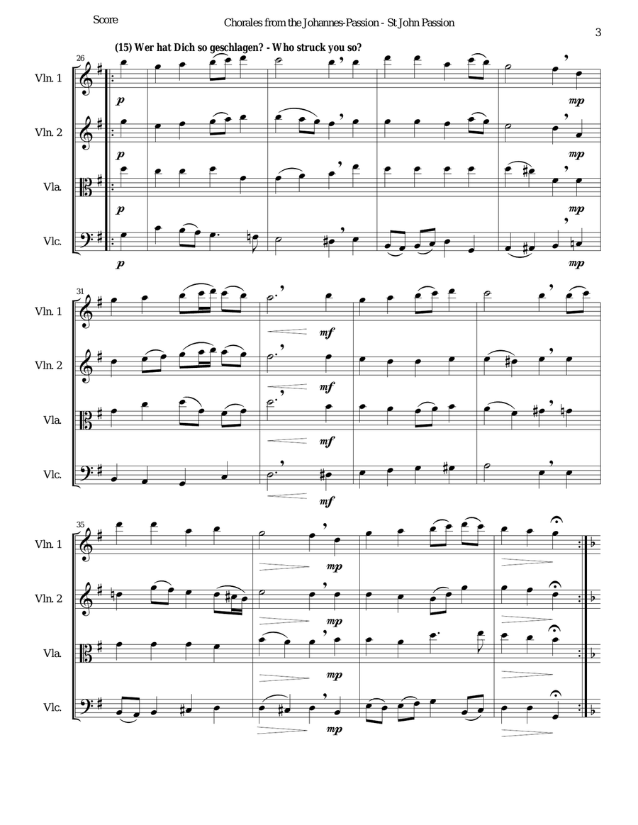 Chorales from the Johannes-Passion (St John Passion) for string quartet String Quartet scores gallery preview page 3