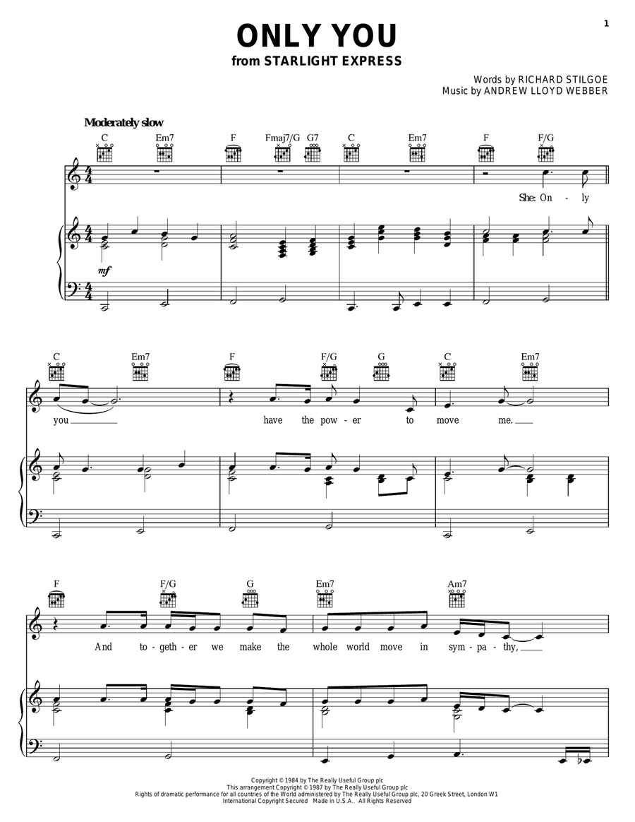 Only You (from Starlight Express) Piano, Vocal, Guitar scores gallery preview page 1
