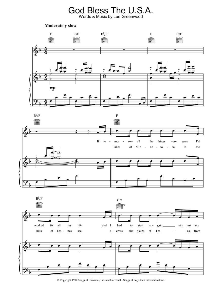 God Bless The U.S.A. Piano, Vocal, Guitar scores gallery preview page 1