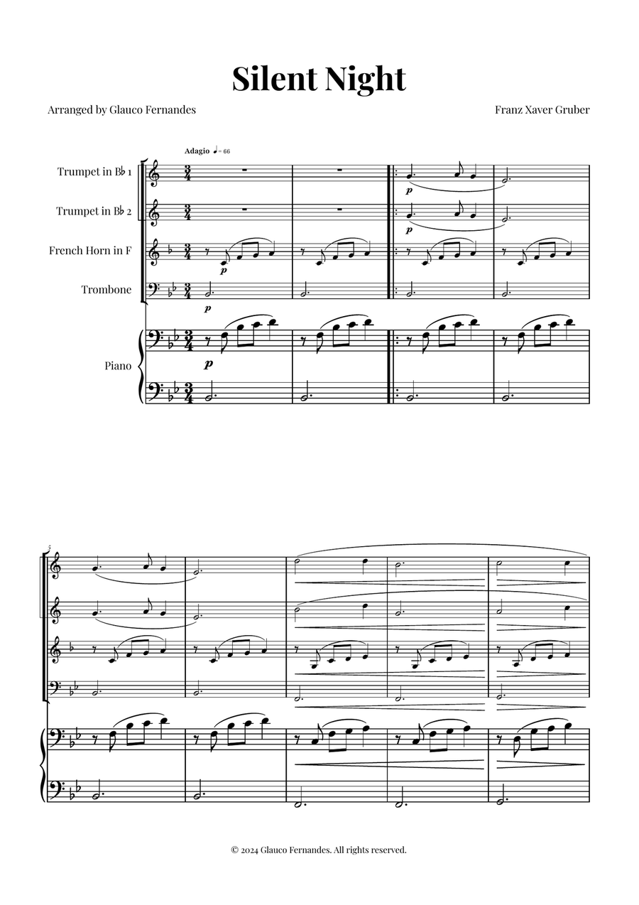 Silent Night | BEAUTIFUL Arrangement Brass Quartet scores gallery preview page 1