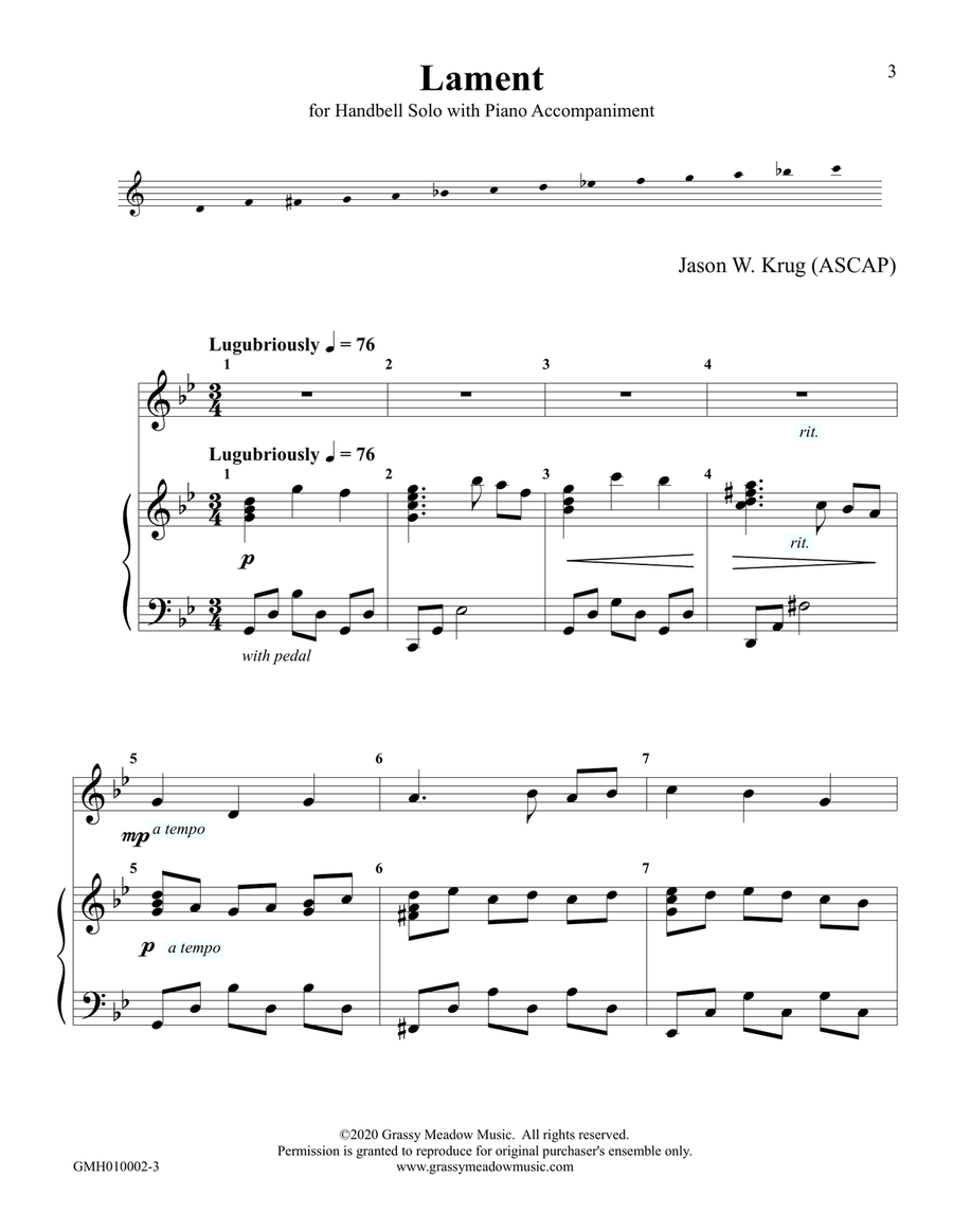 Lament for Handbell Solo with Piano Accompaniment Handbell Choir scores gallery preview page 3