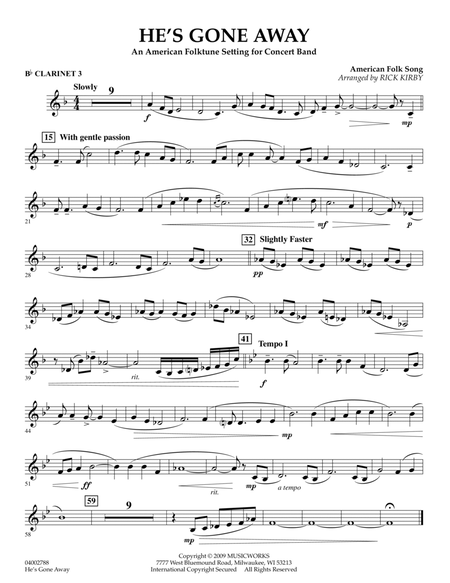 He's Gone Away (An American Folktune Setting for Concert Band) - Bb Clarinet 3