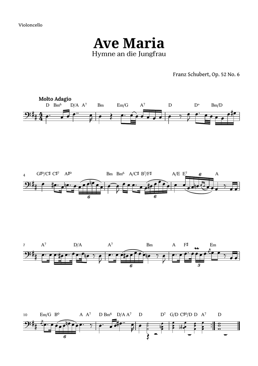 Ave Maria by Schubert for Cello with Chords Cello Solo scores gallery preview page 1