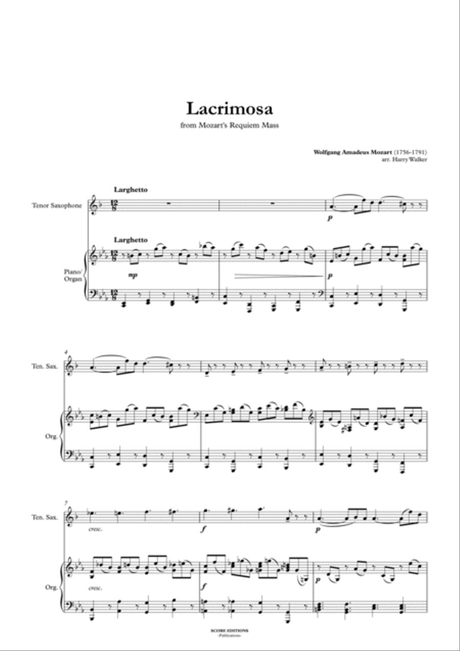 Lacrimosa - Mozart (for Tenor Saxophone and Piano/Organ) Tenor Saxophone scores gallery preview page 3