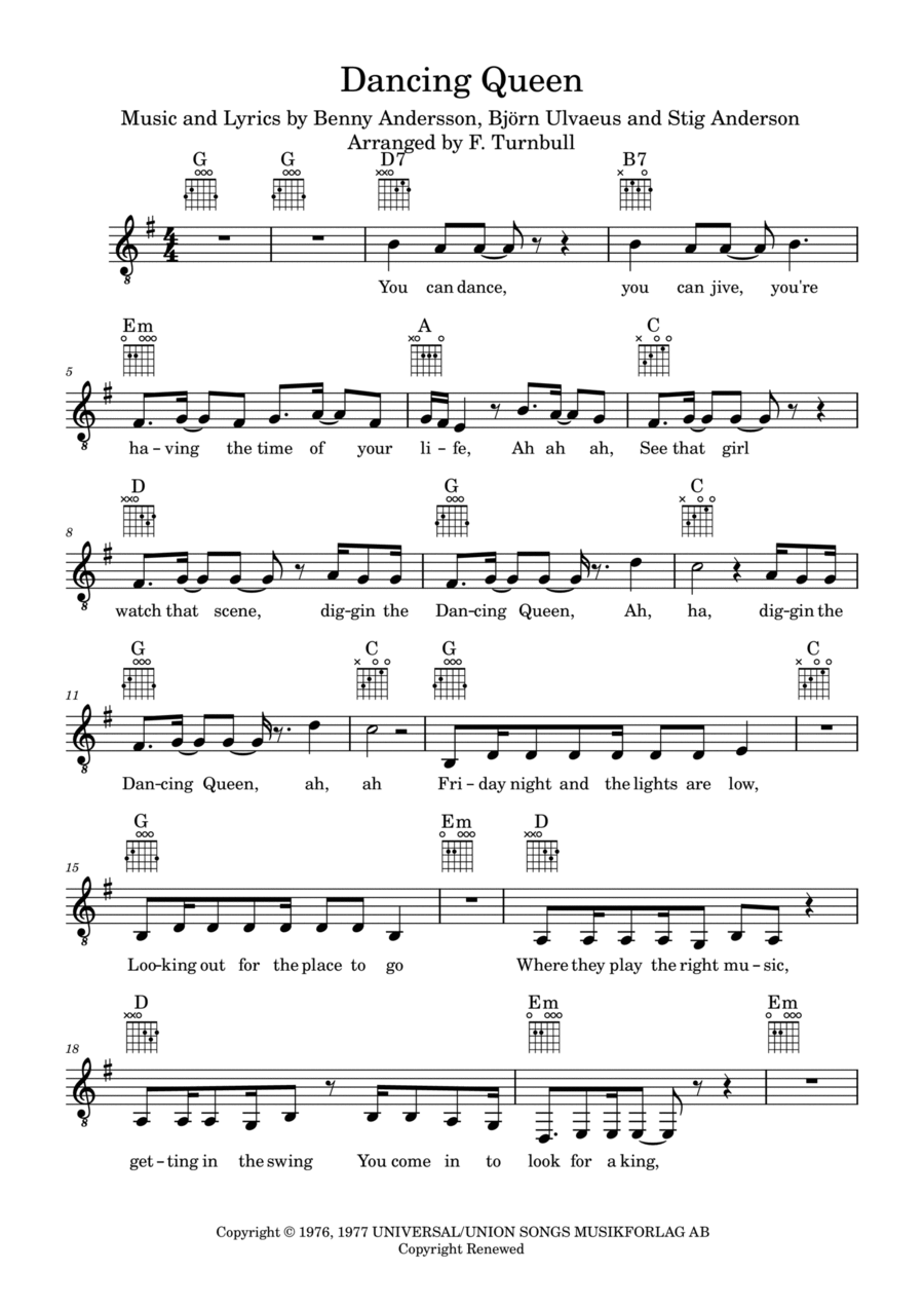 Dancing Queen Piano, Vocal, Guitar scores gallery preview page 1