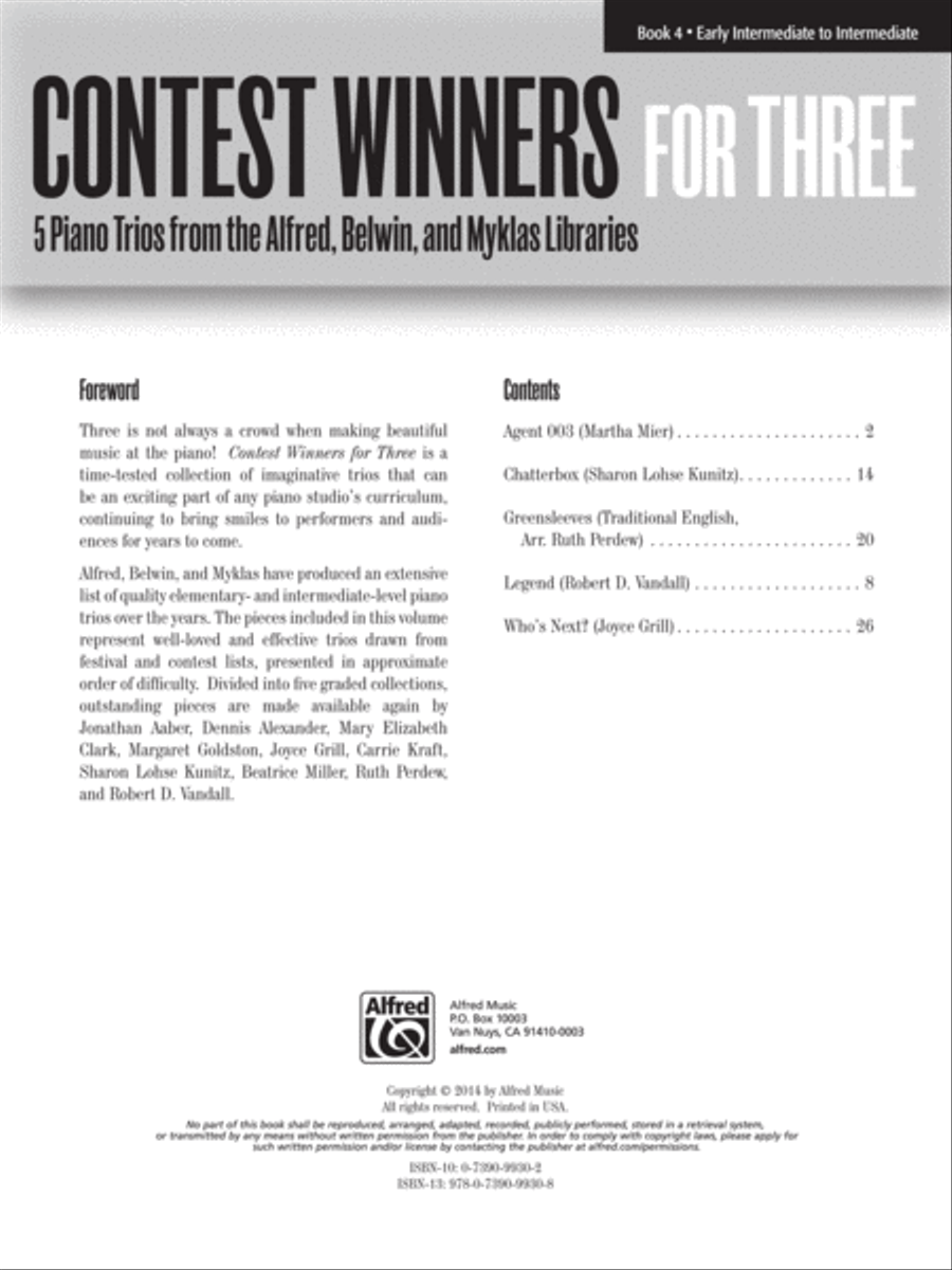Contest Winners for Three, Book 4: 5 Piano Trios from the Alfred, Belwin, and Myklas Libraries Piano Trio scores gallery preview page 1