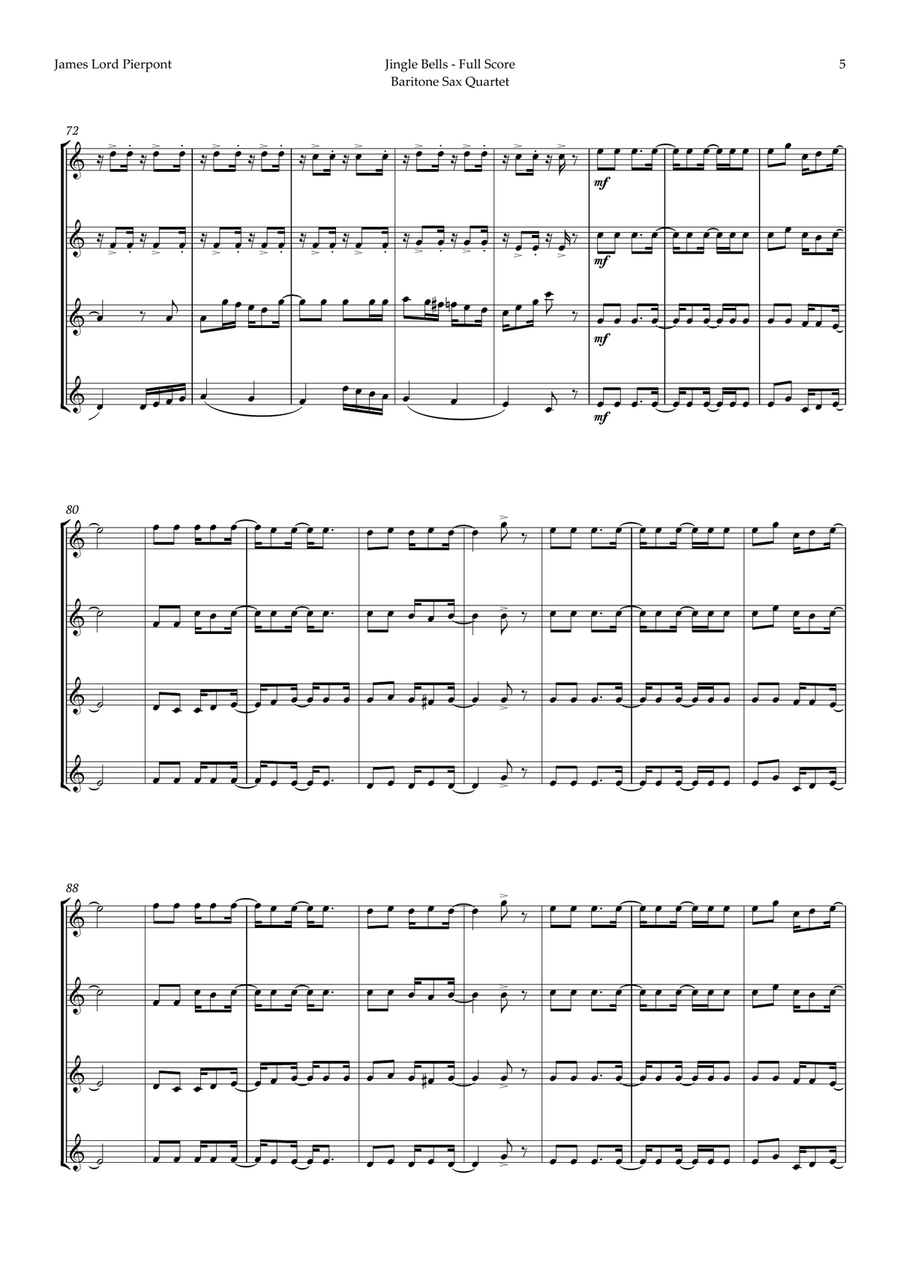 5 Christmas Songs for Baritone Sax Quartet plus one Bonus Saxophone Quartet scores gallery preview page 6