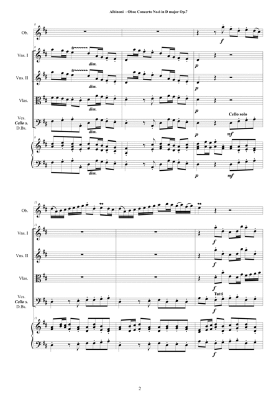 Albinoni - Oboe Concerto No.6 in D major Op.7 for Oboe, Strings and Cembalo Chamber Orchestra scores gallery preview page 2