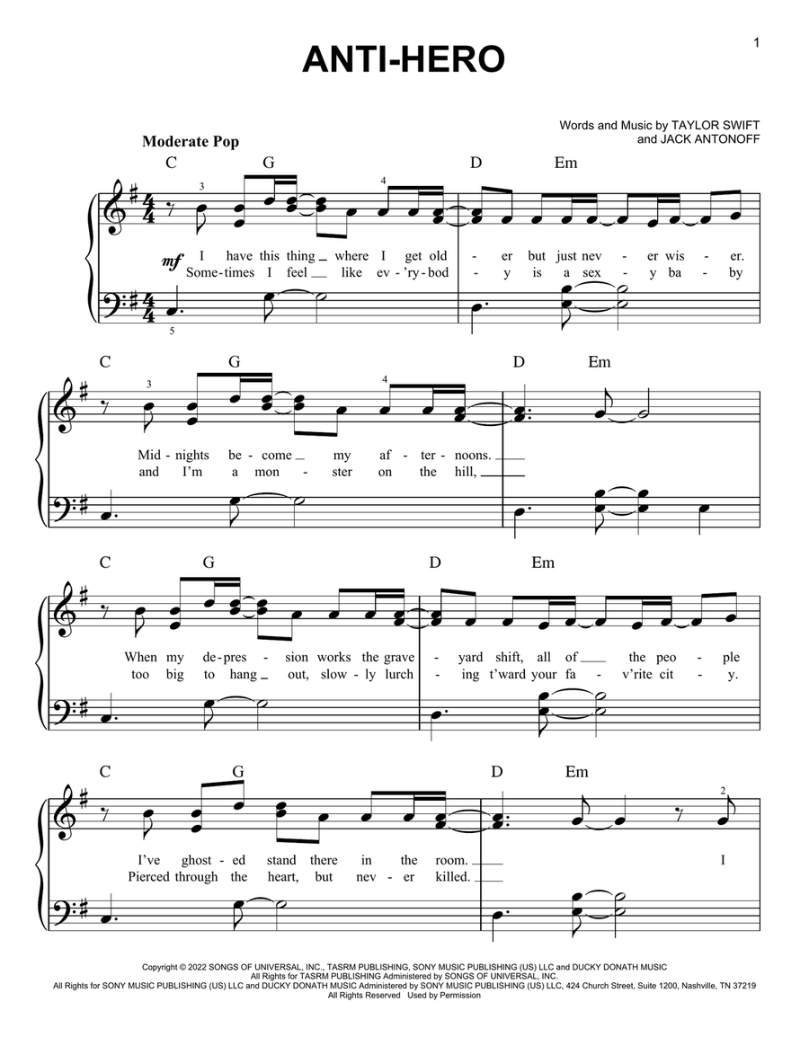 Anti-Hero Anti-Hero Easy Piano scores gallery preview page 1
