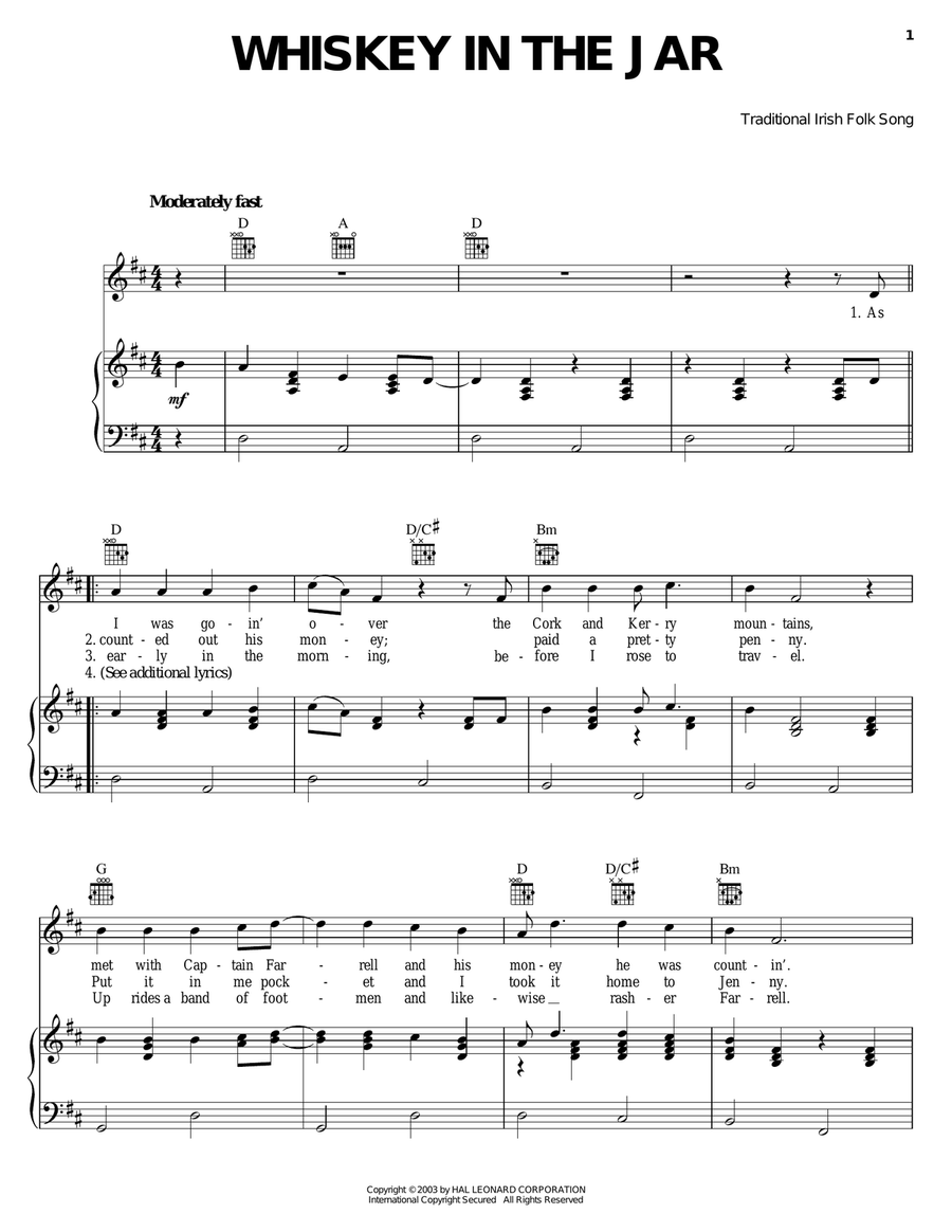 Whiskey In The Jar Piano, Vocal, Guitar scores gallery preview page 1