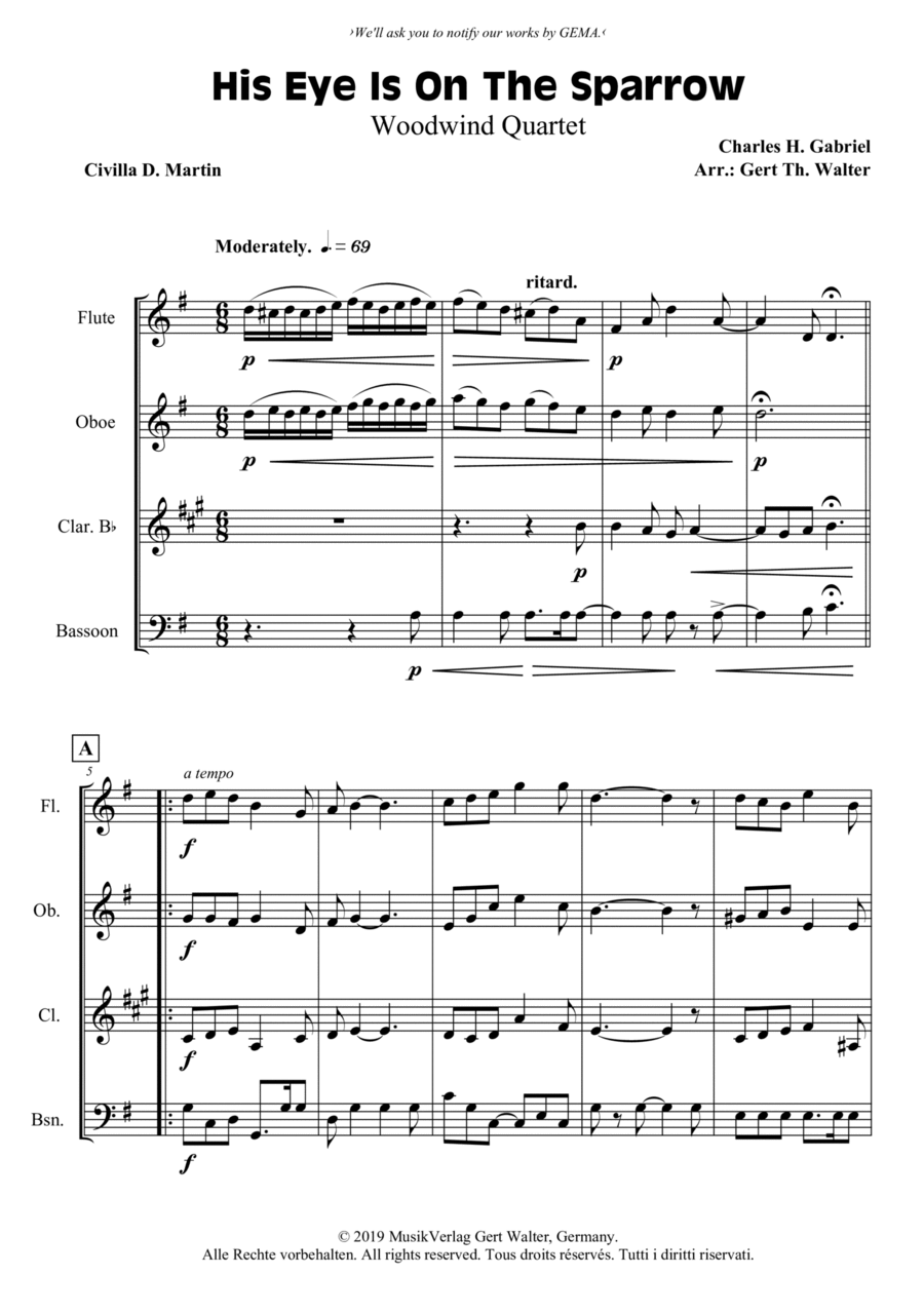 His Eye Is On The Sparrow Woodwind Quartet scores gallery preview page 1