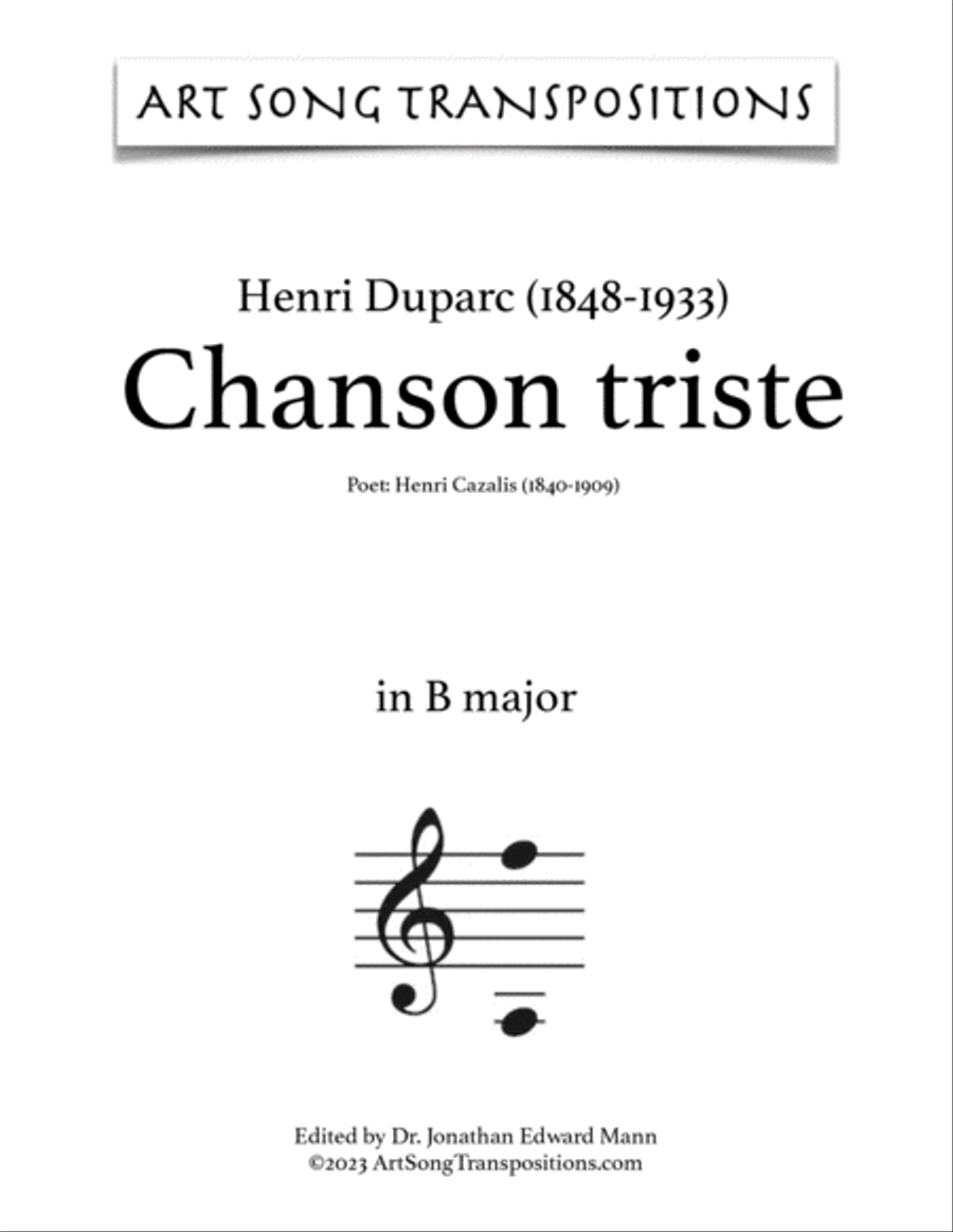 DUPARC: Chanson triste (transposed to C major, B major, and B-flat major) Voice scores gallery preview page 6