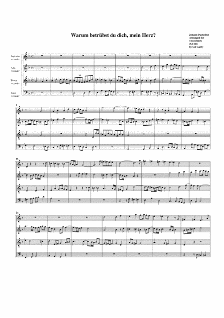 Varum betruebst du dich, mein Herz? (arrangement for 4 recorders) Recorder scores gallery preview page 1