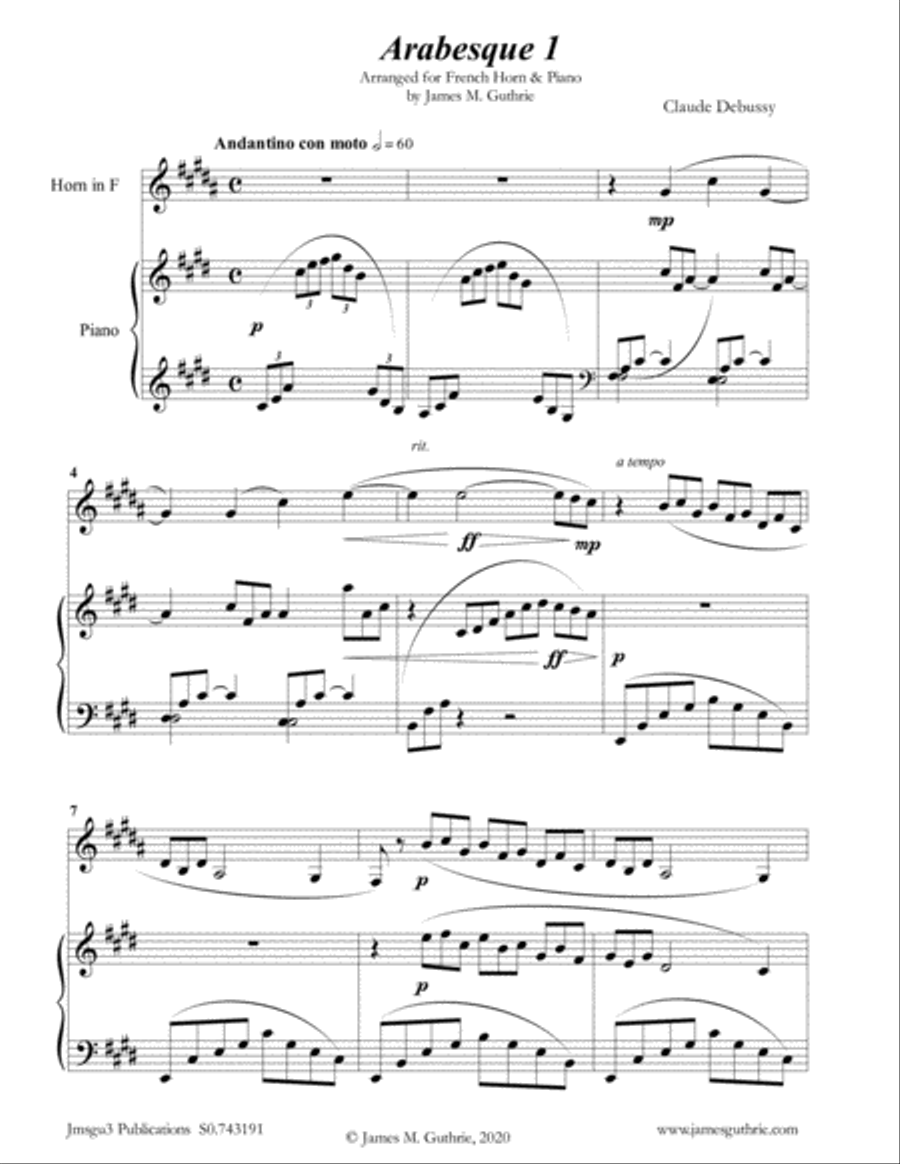Debussy: Two Arabesques for French Horn & Piano Horn scores gallery preview page 1