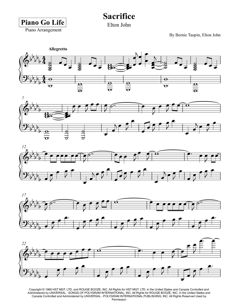 Sacrifice Piano Solo scores gallery preview page 1