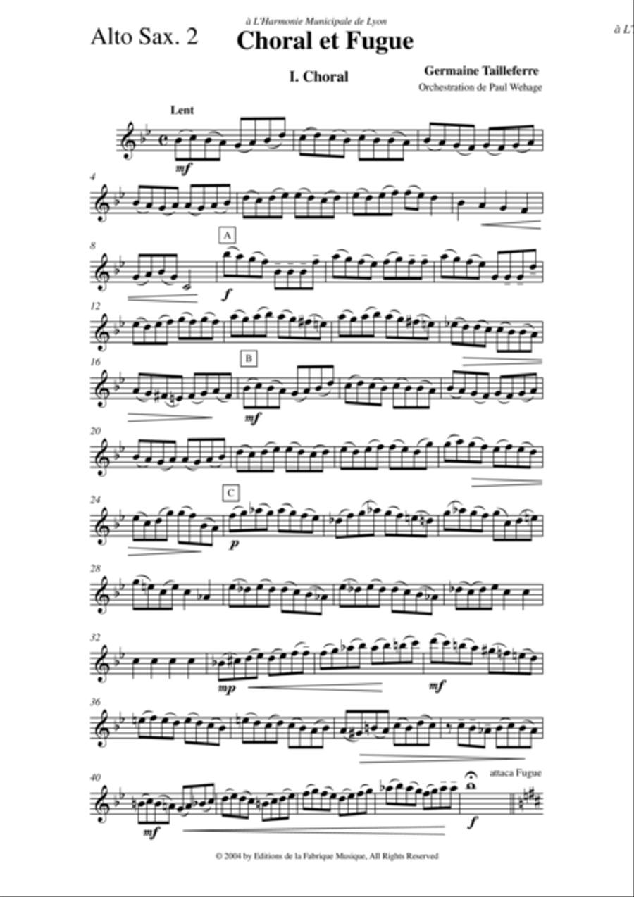 Germaine Tailleferre : Choral et Fugue, arranged for concert band by Paul Wehage - alto saxophone 2 Concert Band scores gallery preview page 2