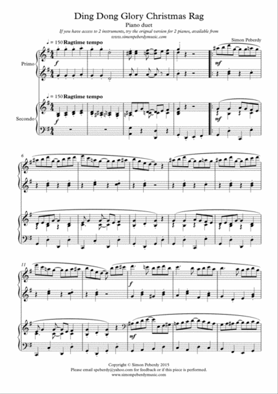 Ding Dong Glory Christmas Rag for Piano Duet, fun variations on Christmas carols, by Simon Peberdy 1 Piano, 4-Hands scores gallery preview page 2