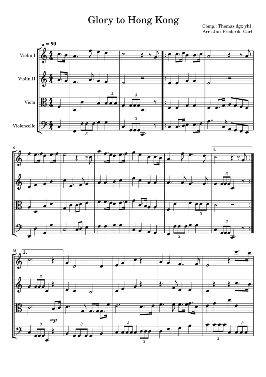 Glory to Hong Kong (String quartet) String Quartet scores gallery preview page 1