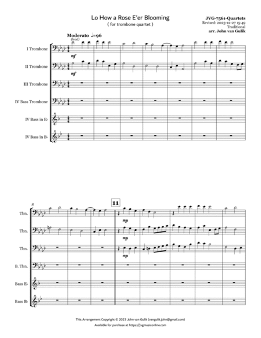 Lo How a Rose E'er Blooming - Trombone Quartet Trombone Quartet scores gallery preview page 2