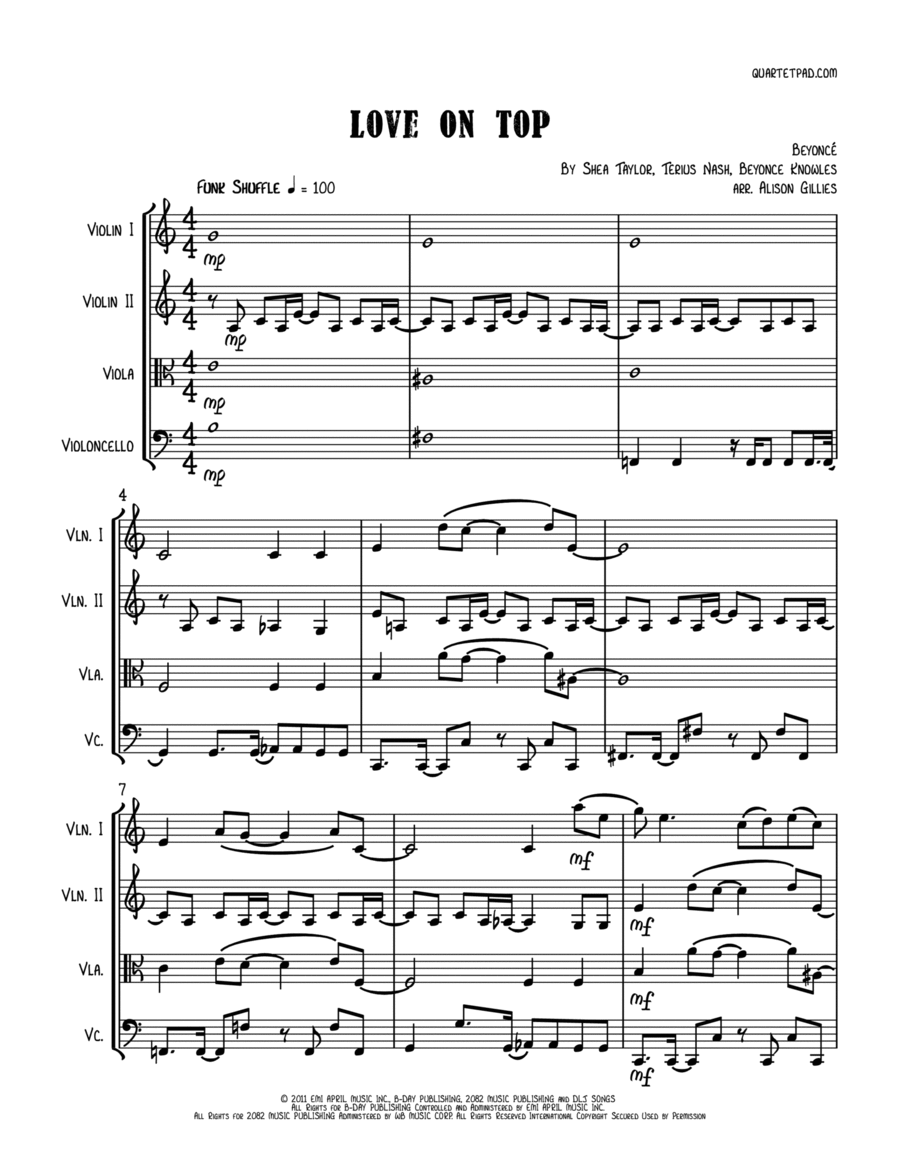 Love On Top Love On Top String Quartet scores gallery preview page 1