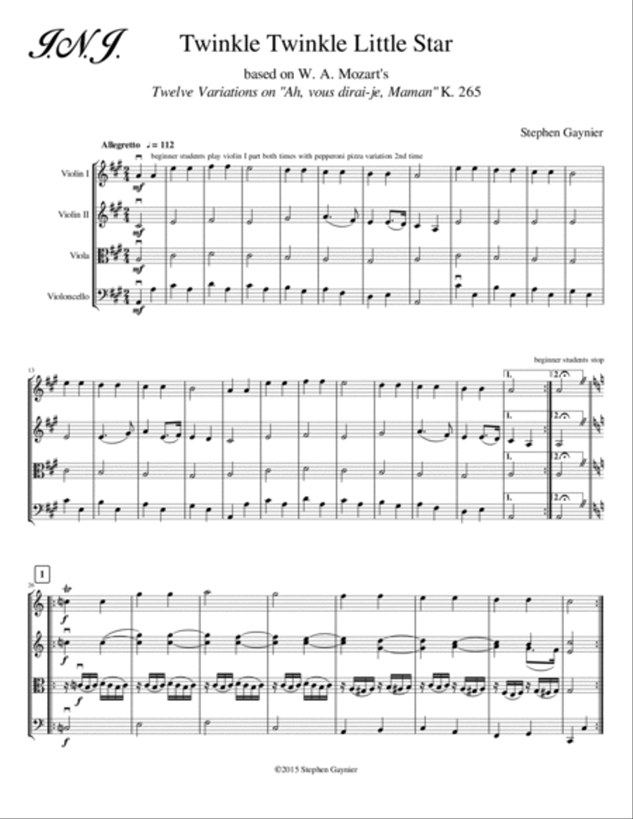 Twinkle Twinkle Little Star String Quartet scores gallery preview page 2