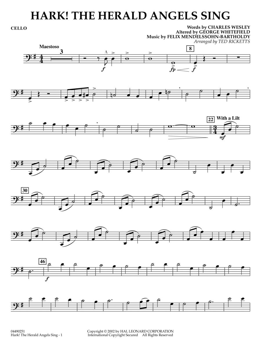 Hark! The Herald Angels Sing (arr. Ted Ricketts) - Cello Full Orchestra scores gallery preview page 1
