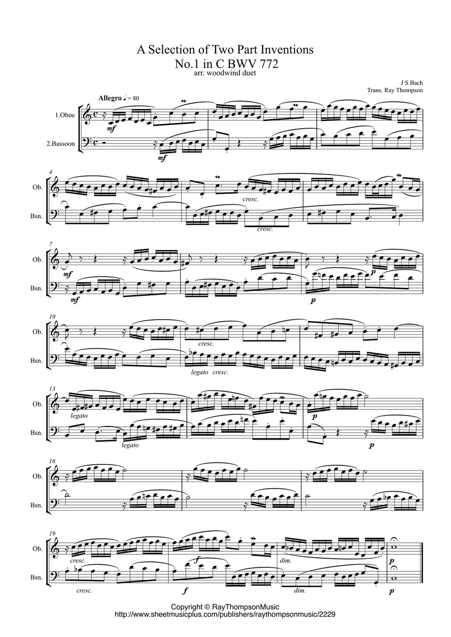 Bach: A Selection of Two Part Inventions( nos. 1,3,4,5,6,13 & 15) - wind duet ( oboe, bassoon) Woodwind Duet scores gallery preview page 1