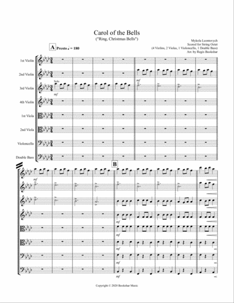 Carol of the Bells (F min) (String Octet - 4 Violin, 2 Viola, 1 Cello, 1 Bass) Cello scores gallery preview page 1
