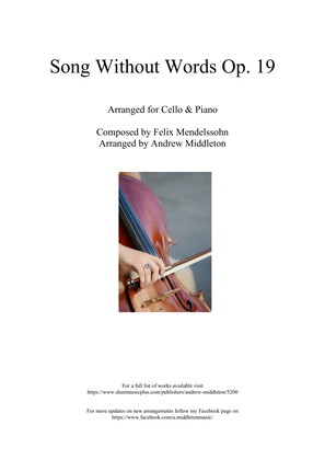 Song Without Words Op. 19 No. 1 arranged for Cello and Piano