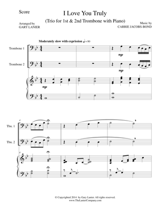 Book cover for I LOVE YOU TRULY (Trio – Trombone 1, Trombone 2, and Piano with Score and Parts)