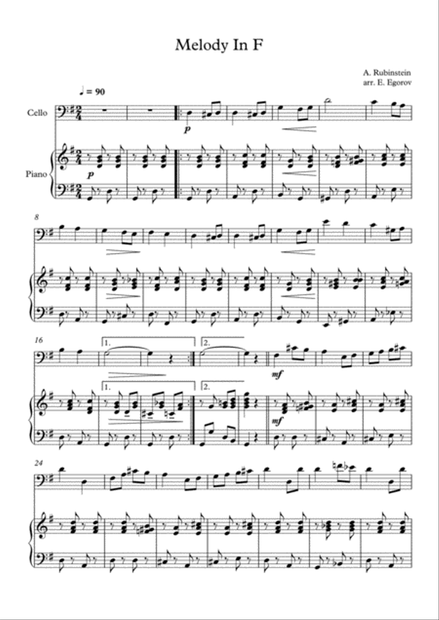 Melody In F, Anton Rubinstein, For Cello & Piano Piano scores gallery preview page 1