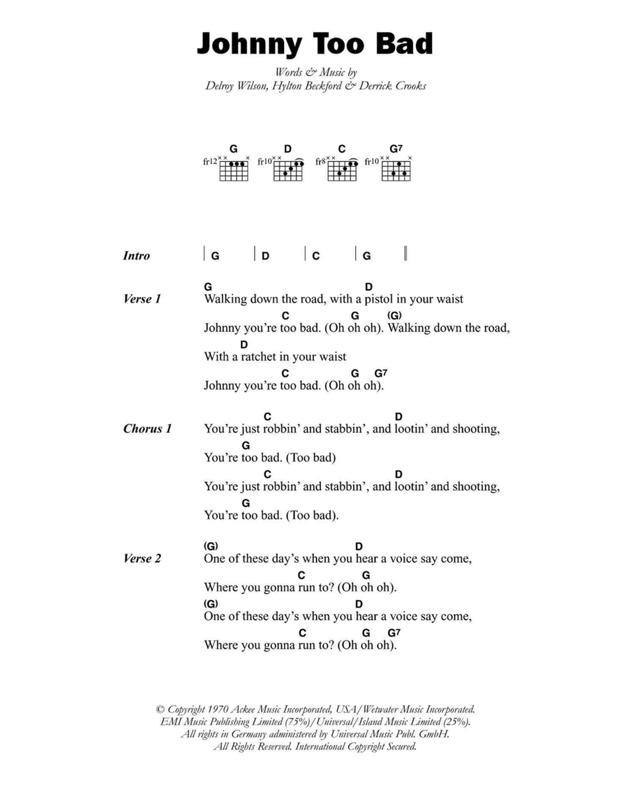Johnny Too Bad Easy Guitar scores gallery preview page 1