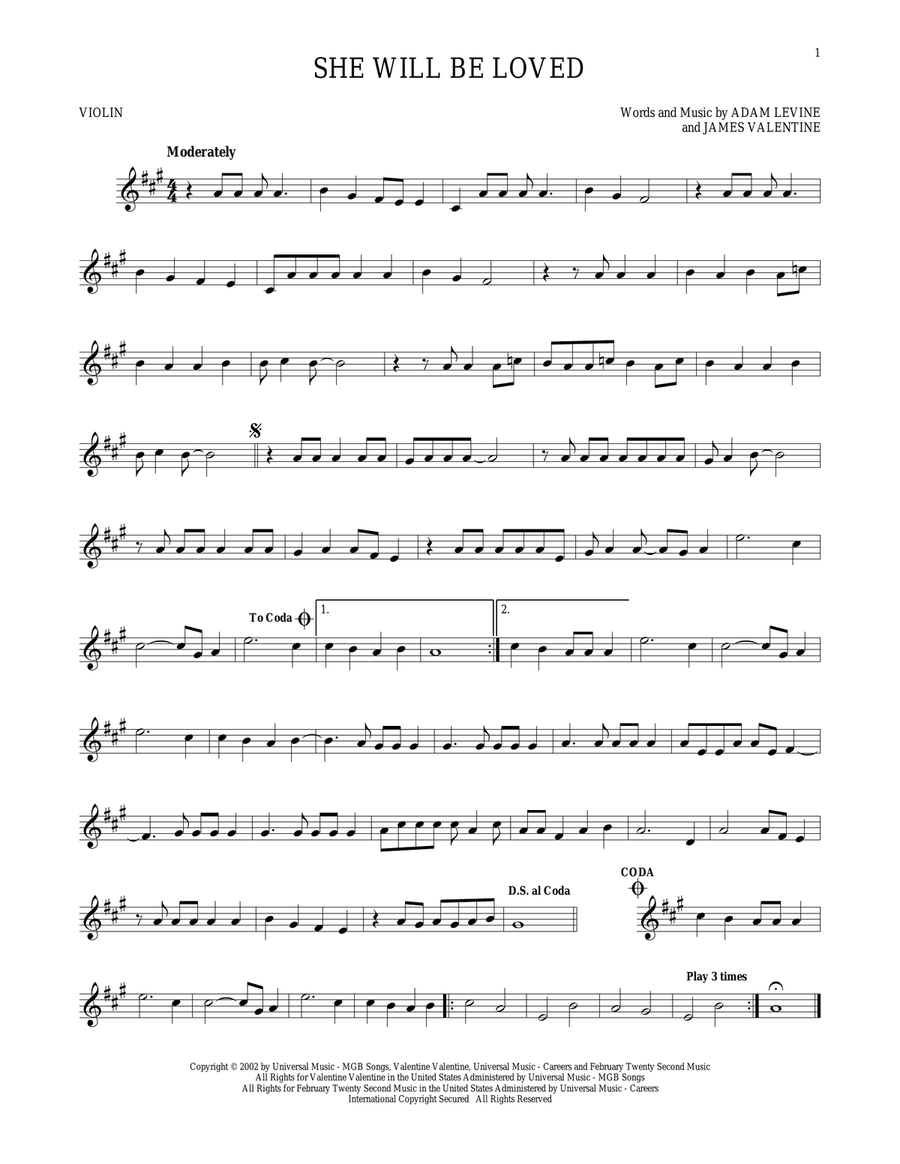 She Will Be Loved She Will Be Loved Violin Solo scores gallery preview page 1