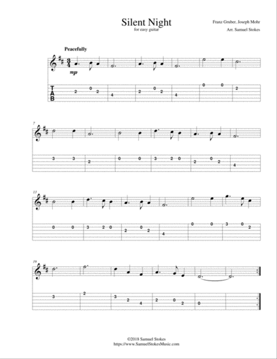 Silent Night - for easy guitar with TAB Guitar Tablature scores gallery preview page 1