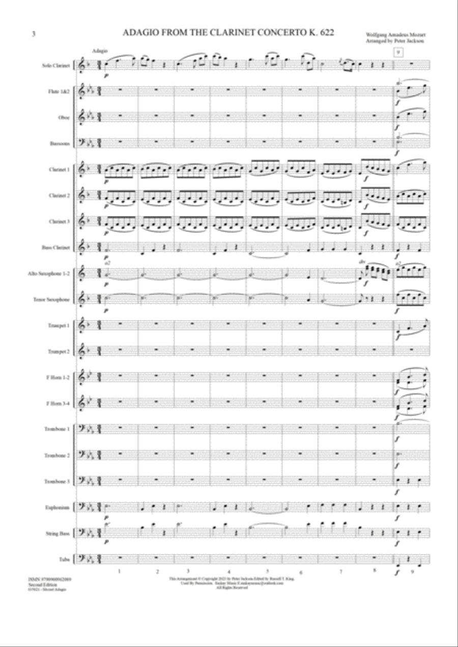 ADAGIO From The CLARINET CONCERTO K622 - Solo Clarinet with Concert Band Accompaniment Concert Band scores gallery preview page 3