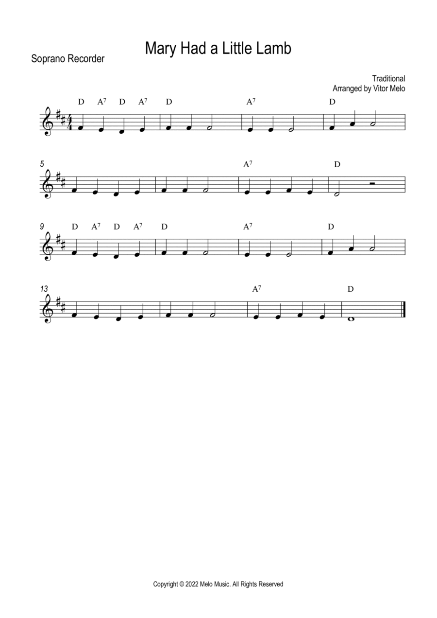 Mary Had a Little Lamb Soprano Recorder scores gallery preview page 1