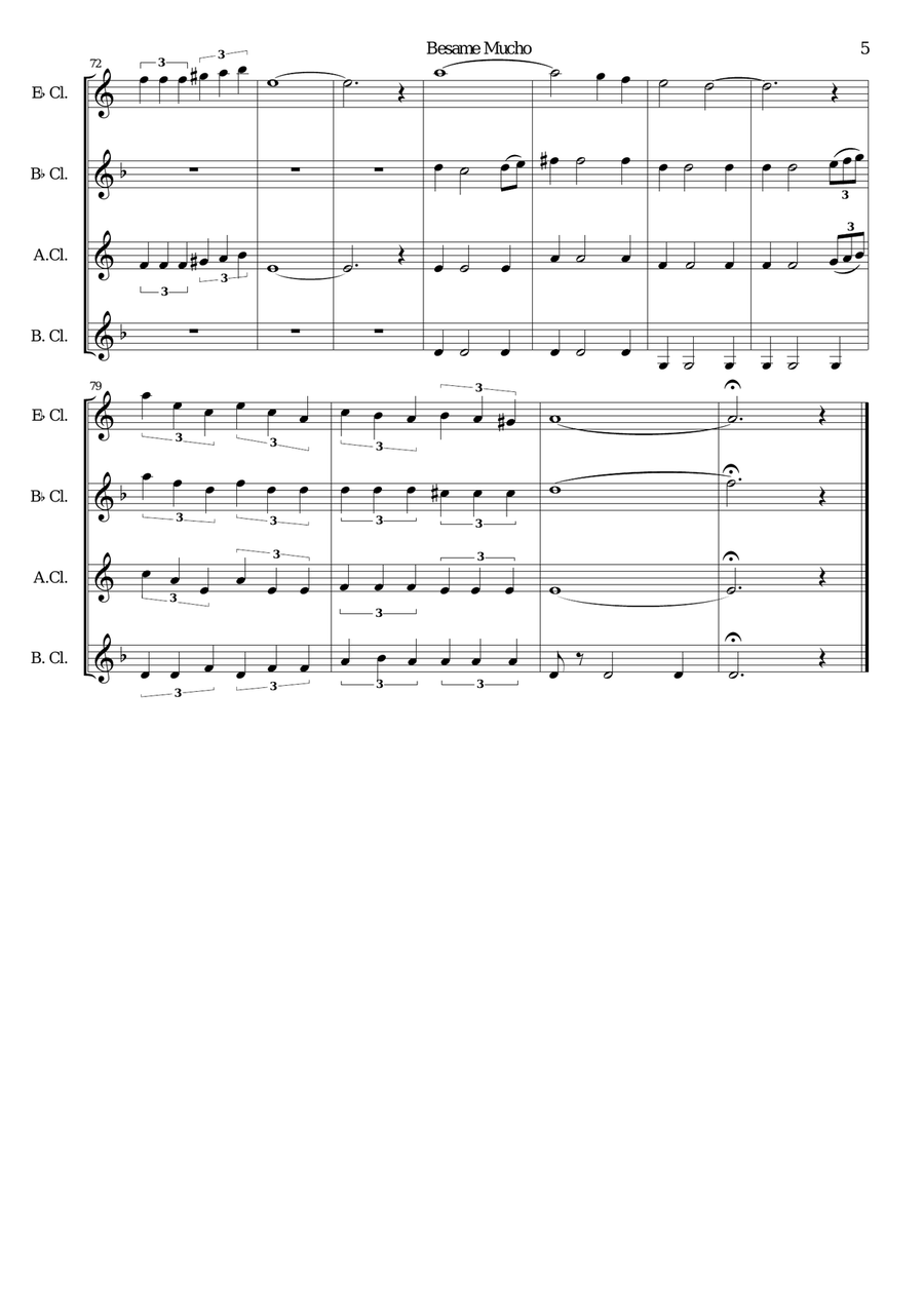 Besame Mucho (Kiss Me Much) Clarinet Quartet scores gallery preview page 5