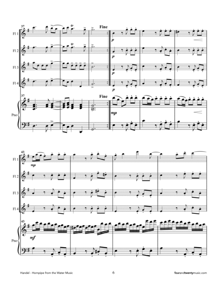 'Hornpipe' from the Water Music, arranged for four flutes and piano image number null