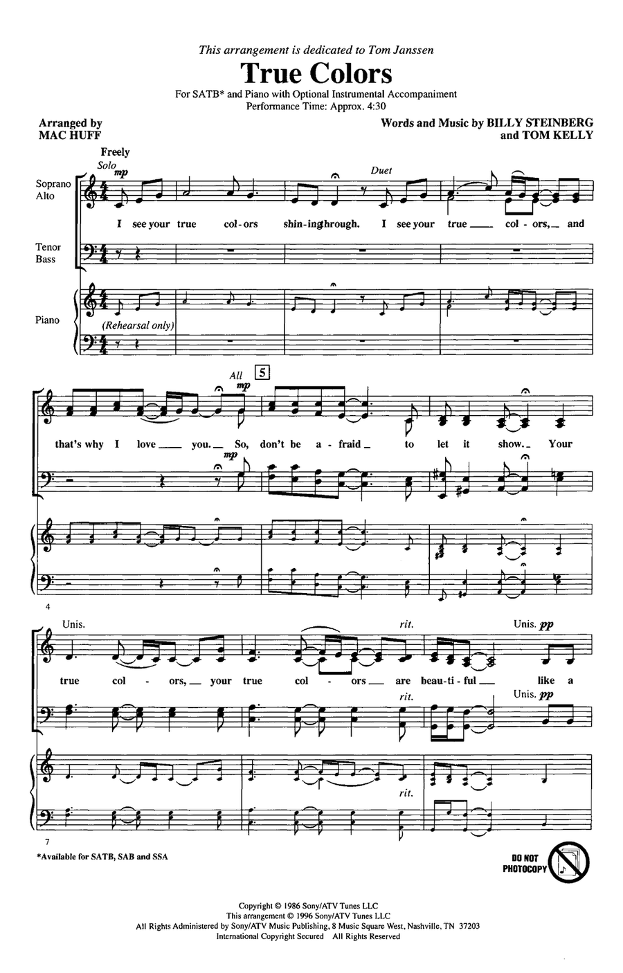 True Colors (arr. Mac Huff) 4-Part scores gallery preview page 1