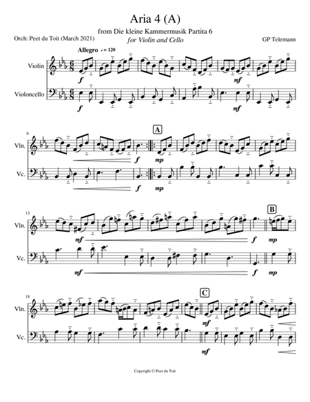 Aria 4 (A) from Die kleine Kammermusik Partita 6 - GP Telemann (Violin & Cello) image number null