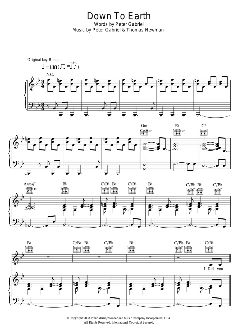 Down To Earth (from WALL-E) Piano, Vocal scores gallery preview page 1