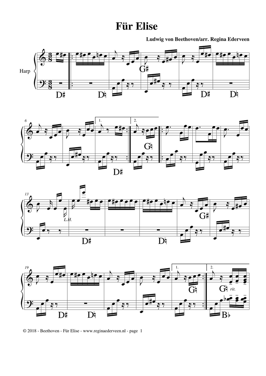 Für Elise - pedal harp solo Pedal Harp scores gallery preview page 1