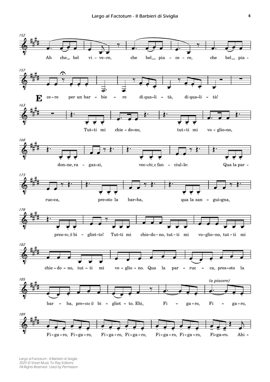 Largo al Factotum - Voice and Piano - E Major (Individual Parts) Piano, Vocal scores gallery preview page 4
