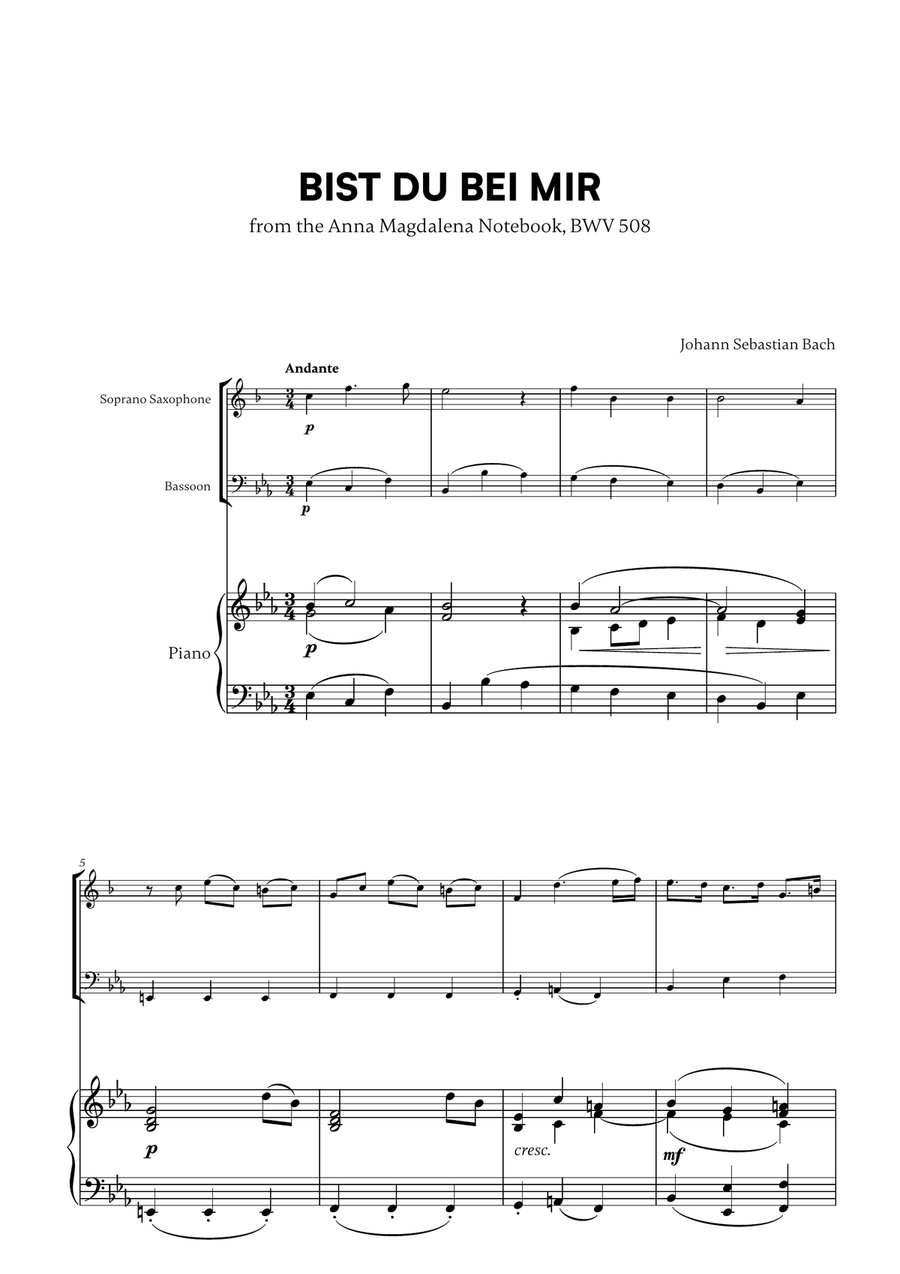 Johann Sebastian Bach - Bist du bei Mir BWV 508 (for Soprano Saxophone, Bassoon and Piano)
